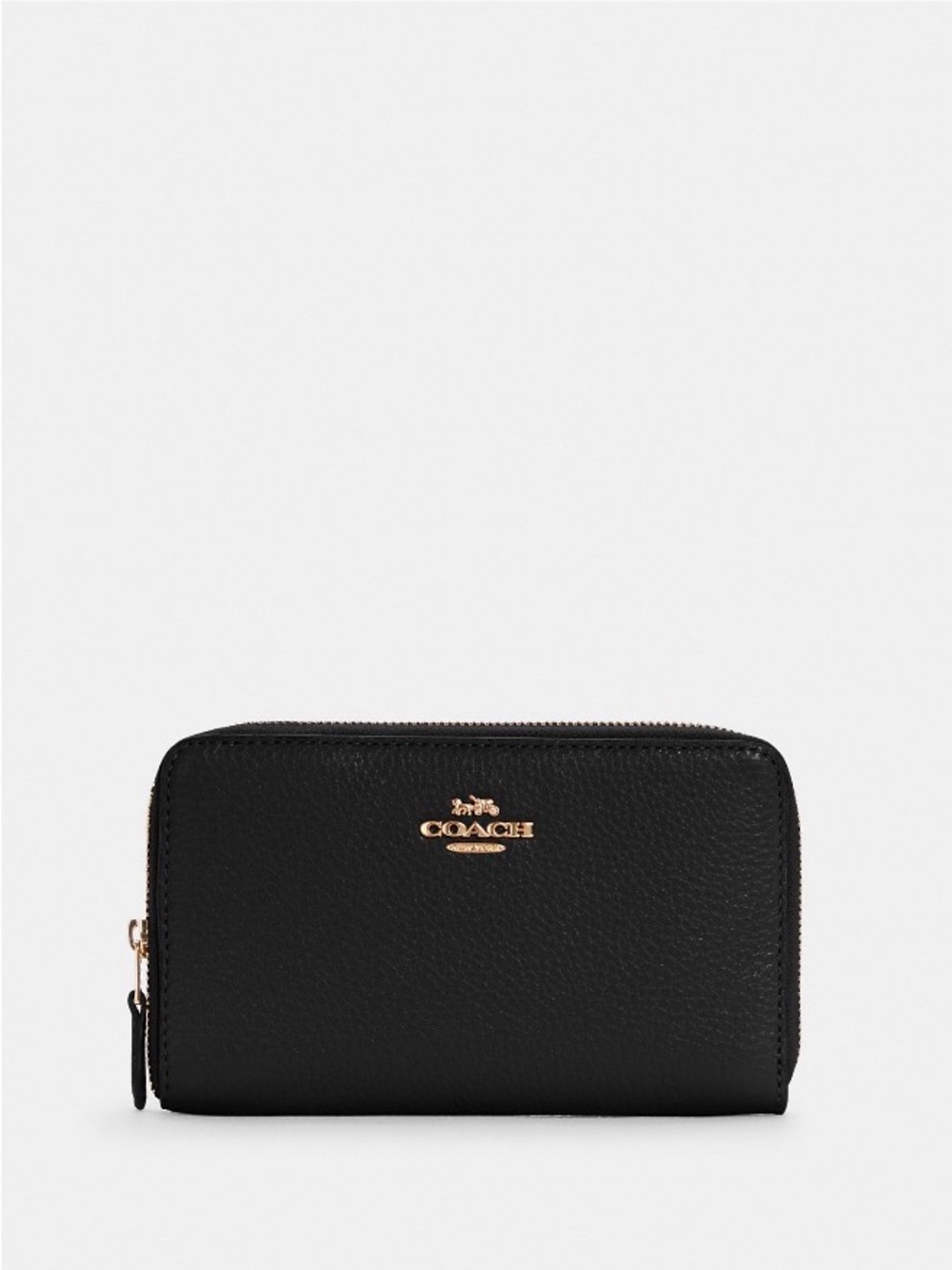 Coach Black Pebbled Leather Compact Zip Wallet with Gold Logo